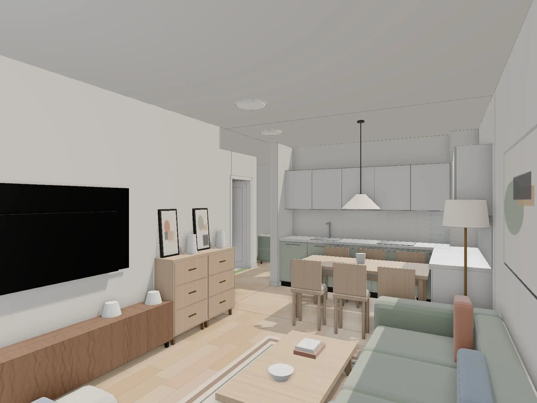 Living room of the sample flat: the 3D model, and the render painted over it