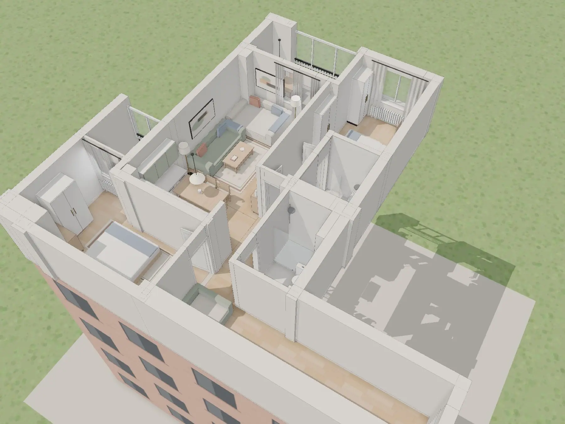 The sample flat as the furnished 3D model, from above